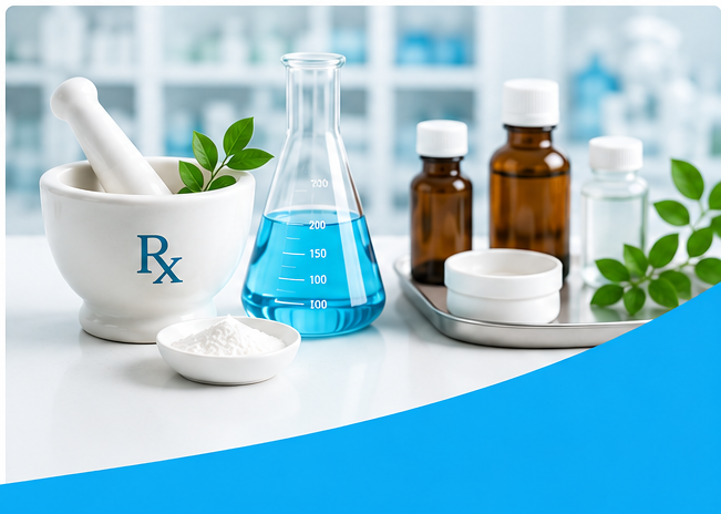 Laboratorio galenico con mortaio, flaconi e strumenti