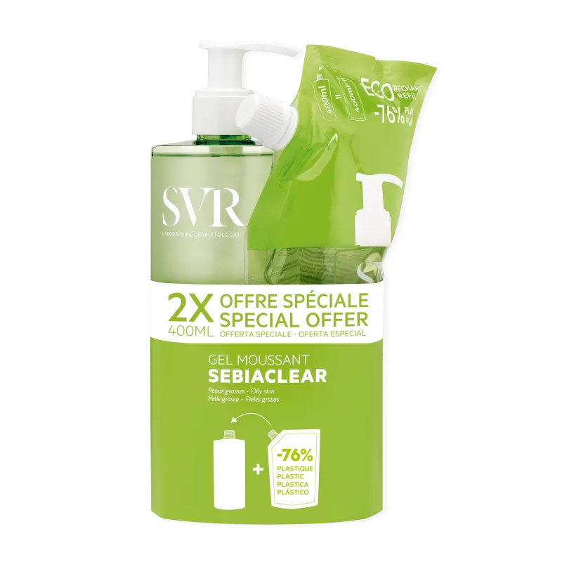 SEBIACLEAR GEL MOUSSANT DETERGENTE VISO-CORPO PER PELLE GRASSA E SENSIBILE KIT FLACONE 400 ML + ECO-REFILL 400 ML